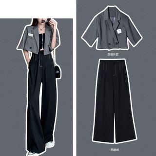 Set: Double-breasted Elbow-sleeve Blazer + Wide-leg Pants + Strapless Cropped Top