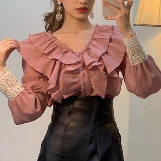 Lace Cuff Ruffle Trim Blouse