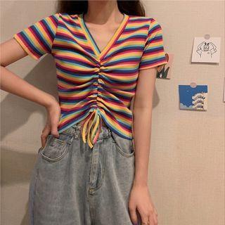 Striped V-neck Drawstring Short-sleeve Cropped T-shirt