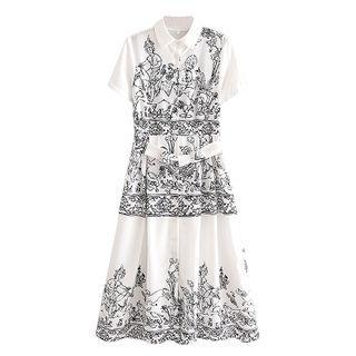 Short-sleeve Printed Collared Midi A-line Dress