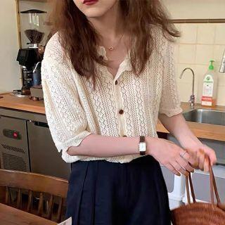 Short-sleeve Pointelle Knit Cardigan Almond - One Size
