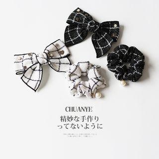 Faux Pearl Plaid Bow Hair Tie / Hair Clip