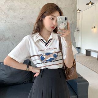 Short-sleeve Dog Print Polo Shirt White - One Size