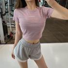 Striped Lettering Short-sleeve Cropped Sports T-shirt