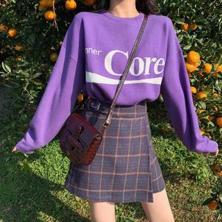 Long-sleeve Knit Top / Plaid Woolen Mini Skirt