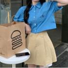 Puff-sleeve Embroidered Polo Collar Cropped Shirt / High-waist Plain Pleated Mini Skirt