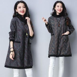 Mock Collar Patterned Woolen A-line Dress