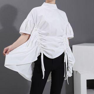 Short-sleeve Mock Neck Drawstring Top