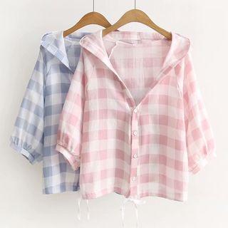 3/4-sleeve Checker Hooded Buttoned Light Jacket