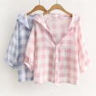 3/4-sleeve Checker Hooded Buttoned Light Jacket