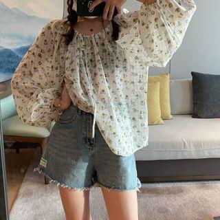 Balloon-sleeve Floral Print Blouse Plaid - White - One Size
