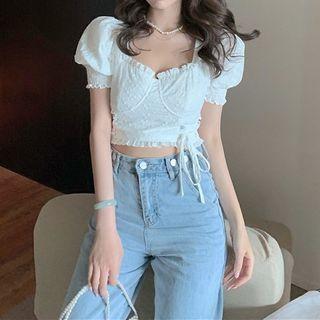 Balloon-sleeve Eyelet Lace Cropped Blouse