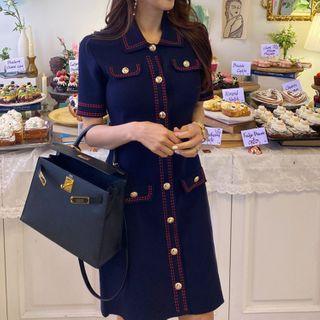 Short-sleeve Contrast Stitching Button Knit Mini Sheath Dress