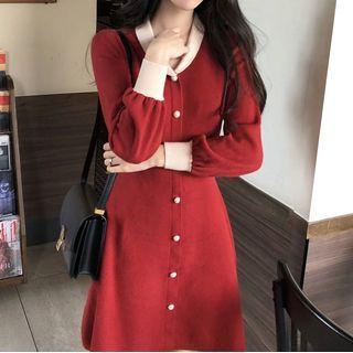 Long-sleeve Two-tone Button-up Knit A-line Dress Red - One Size