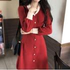 Long-sleeve Two-tone Button-up Knit A-line Dress Red - One Size