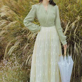 Long-sleeve Mock Two-piece Lace Maxi A-line Dress