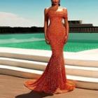 Off Shoulder Trained Sheath Evening Gown
