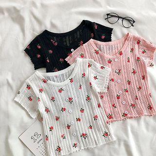 Floral Perforated Crewneck Short-sleeve Knit Top