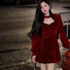 Puff-sleeve Keyhole Glitter A-line Dress