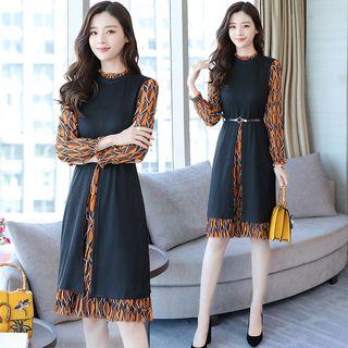 Set: Print Long-sleeve Chiffon Dress + Slit Vest