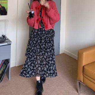 Ribbon Cardigan / Long-sleeve Floral Print Midi Dress