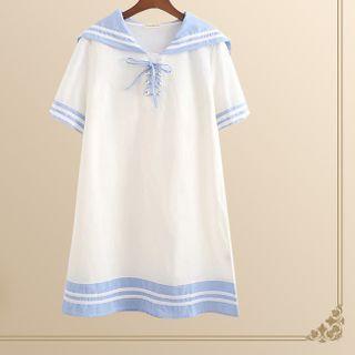 Short-sleeve Lace Up Collared Dress