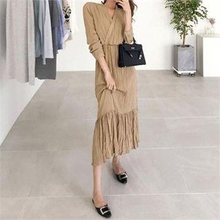 Surplice-neck Tiered Crinkled Maxi Dress