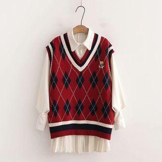 Long-sleeve Collared Dress / Argyle Sweater Vest / Set