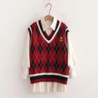 Long-sleeve Collared Dress / Argyle Sweater Vest / Set
