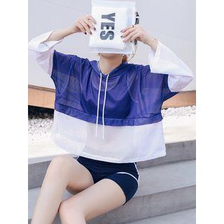 Set: Contrast Trim Swim Top + Swim Shorts + Color Block Cover-up Hoodie