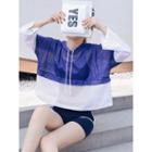 Set: Contrast Trim Swim Top + Swim Shorts + Color Block Cover-up Hoodie