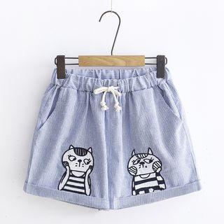 Cat Embroidered Pinstripe Shorts
