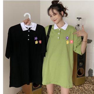 Elbow-sleeve Flower Print Mini Polo Dress