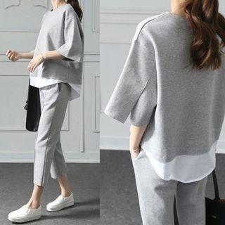Set: Mock Two-piece T-shirt + Capri Pants