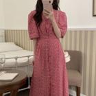 Short Sleeve V-neck Floral Button Front Maxi A-line Dress