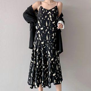 Single Button Blazer / Printed Midi Spaghetti Strap Dress