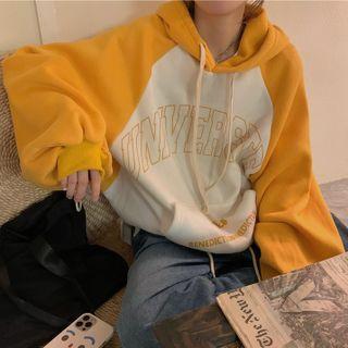 Color Panel Lettering Long-sleeve Hoodie Yellow & White - One Size
