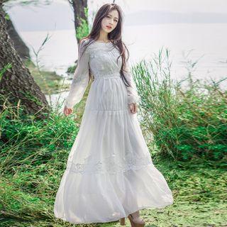 Embroidery Shirred Chiffon Long Dress