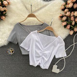 V-neck Short-sleeve Ruched Top