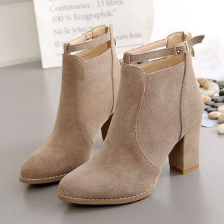 Buckled Faux Suede Block Heel Ankle Boots