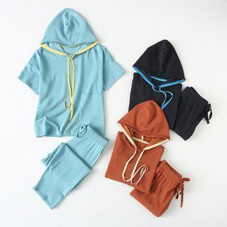 Set: Contrast Trim Short-sleeve Hooded Knit Top + Wide-leg Pants