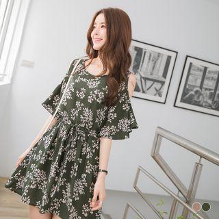 Floral Peek Shoulders Short Sleeve A-line Dress