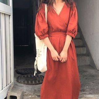 Elbow-sleeve V-neck A-line Maxi Dress