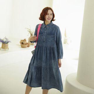 Tiered Denim Shirtwaist Dress Blue - One Size
