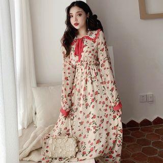 Cable Knit Cardigan / Cherry Print Long-sleeve A-line Maxi Dress
