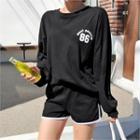 Set: Round-neck Letter Print Top + Band-waist Contrast-trim Shorts
