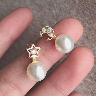 Non-matching Faux Pearl Moon & Star Earring As Shown In Figure - One Size