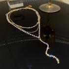Rhinestone Layered Necklace Gold & White - One Size