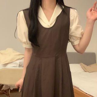 Overall Midi A-line Dress / Short-sleeve Blouse
