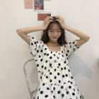 Balloon-sleeve Dotted A-line Dress Black Dots - White - One Size